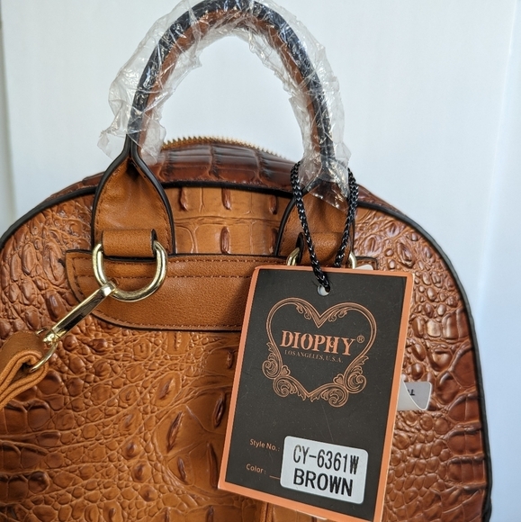 Faux Alligator Leather Dome Zip Top Backpack 5 Pockets Top Handle Amber Brown - Picture 5 of 16